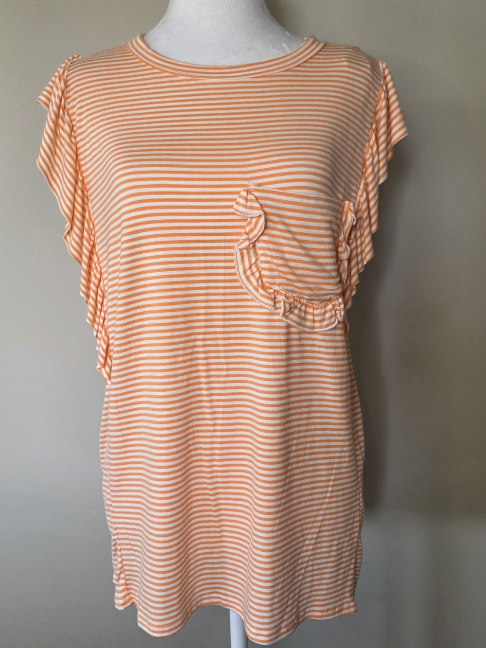 BIBI NWT Orange White Striped Ruffle Sleeve Pocket Top Size M